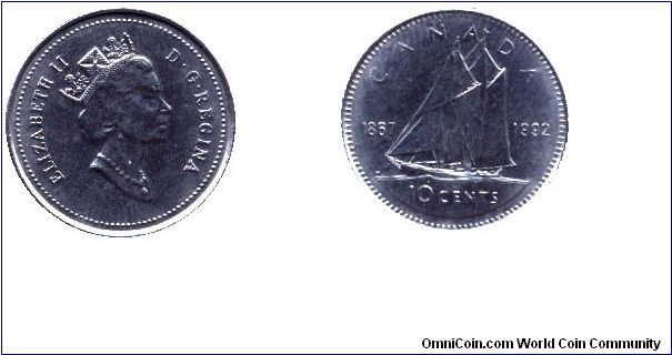 Canada, 10 cents, 1992, Ni, Queen Elizabeth II, Schooner, 1867-1992, 125th Anniversary of Canada.                                                                                                                                                                                                                                                                                                                                                                                                                   