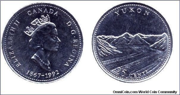 Canada, 25 cents, 1992, Ni, Queen Elizabeth II, 1867-1992, 125th Anniversary of Canada, Province Yukon.                                                                                                                                                                                                                                                                                                                                                                                                             