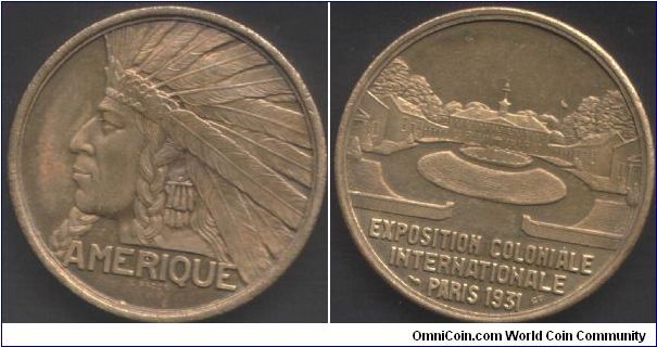 The Gilt bronze version of the `L'Amerique' medal issued for the 1931 Exposition in Paris