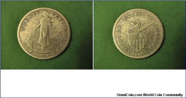 1908-S 
Obv: TWENTY  CENTAVOS FILIPNAS
Rev: UNITED STATES OF AMERICA
Under US administration, silver