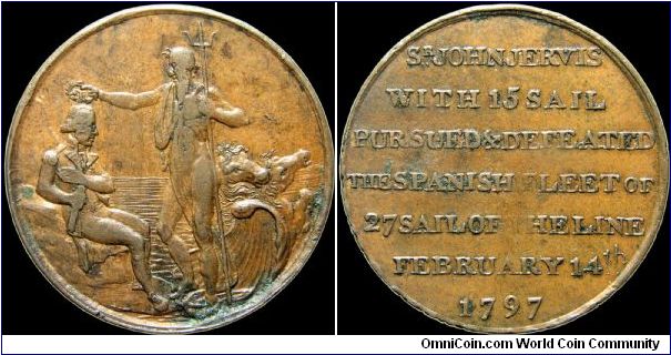 Battle of Cape St. Vincent.

There were a couple of variants of the obverse, chiefly the difference had to do with the height of the water in relation to the god's thigh.                                                                                                                                                                                                                                                                                                                                        