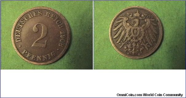 German Empire 1908-D 2 PFENNIG