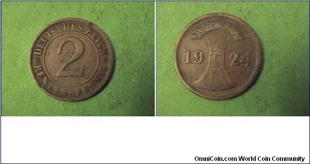 Weimar Republic 1924-D 2 PFENNIG