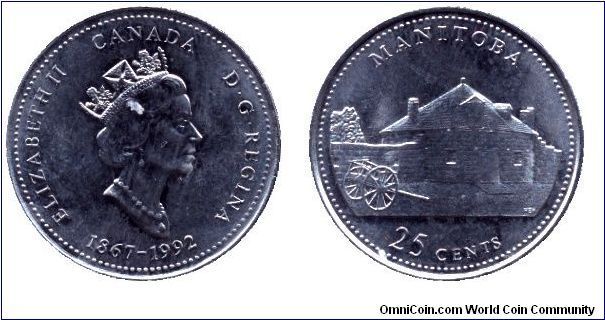 Canada, 25 cents, 1992, Ni, Queen Elizabeth II, 1867-1992, 125th Anniversary of Canada, Province Manitoba.                                                                                                                                                                                                                                                                                                                                                                                                          
