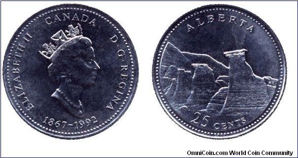 Canada, 25 cents, 1992, Ni, Queen Elizabeth II, 1867-1992, 125th Anniversary of Canada, Province Alberta.                                                                                                                                                                                                                                                                                                                                                                                                           