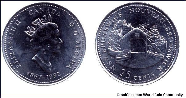 Canada, 25 cents, 1992, Ni, Queen Elizabeth II, 1867-1992, 125th Anniversary of Canada, Province New Brunswick.                                                                                                                                                                                                                                                                                                                                                                                                     
