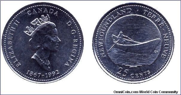Canada, 25 cents, 1992, Ni, Queen Elizabeth II, 1867-1992, 125th Anniversary of Canada, Province New Foundland.                                                                                                                                                                                                                                                                                                                                                                                                     