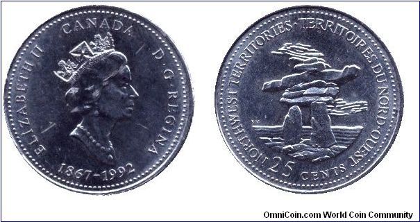 Canada, 25 cents, 1992, Ni, Queen Elizabeth II, 1867-1992, 125th Anniversary of Canada, Province North-West Territories.                                                                                                                                                                                                                                                                                                                                                                                            