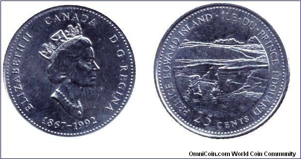 Canada, 25 cents, 1992, Ni, Queen Elizabeth II, 1867-1992, 125th Anniversary of Canada, Province Prince Edward Island.                                                                                                                                                                                                                                                                                                                                                                                              
