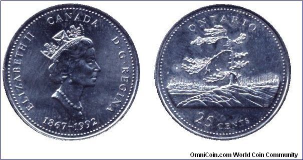 Canada, 25 cents, 1992, Ni, Queen Elizabeth II, 1867-1992, 125th Anniversary of Canada, Province Ontario.                                                                                                                                                                                                                                                                                                                                                                                                           