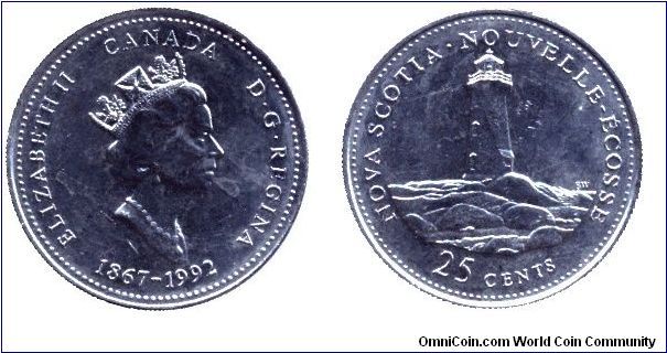 Canada, 25 cents, 1992, Ni, Queen Elizabeth II, 1867-1992, 125th Anniversary of Canada, Province Nova Scotia.                                                                                                                                                                                                                                                                                                                                                                                                       