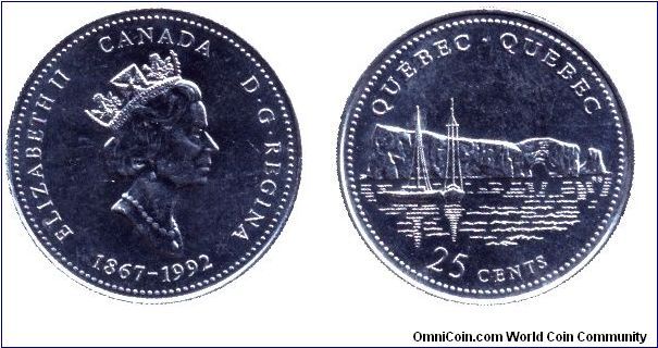 Canada, 25 cents, 1992, Ni, Queen Elizabeth II, 1867-1992, 125th Anniversary of Canada, Province Quebec.                                                                                                                                                                                                                                                                                                                                                                                                            