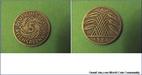 Weimar Rebublic 1925-A 5 PFENNIG 
aluminum-bronze