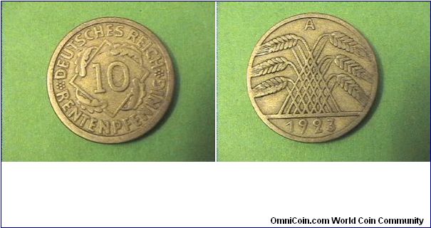 Weimar Republic 1923-A 10 PFENNIG 
alum-bronze