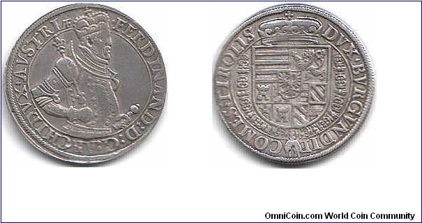 Nice Thaler of Archduke Ferdinand (no date) minted using roller dies at Hall mint, Tyrol sometime during 1564-95.