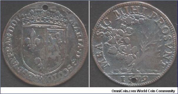 Mary Queen of Scots silver jeton struck for her in France. Obverse conjoined arms of France and Scotland. Reverse, a vine with one healthy branch and one withered being watered from heaven.