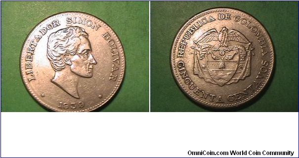 LIBERTADOR SIMON BOLIVAR
REPUBLICA DE COLOMBIA CINCUENTA CENTAVOS
copper-nickel