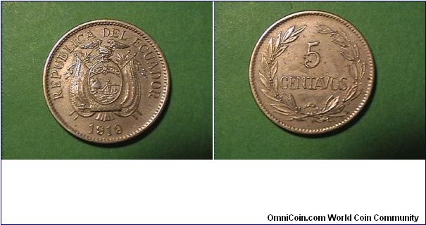 REPUBLICA DEL ECUADOR
5 CENTAVOS
copper-nickel.
Three berries left of C in Centavos