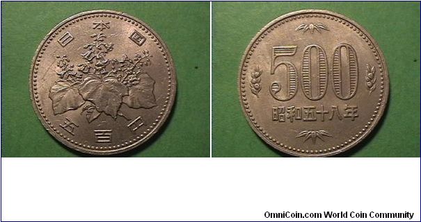 Showa 58 year
500 YEN
rim: NIPPON 500
copper-nickel