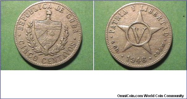 REBUBLICA DE CUBA
CINCO CENTAVOS
PATRIA Y LIBERTAD
5 GR 250M
copper-nickel