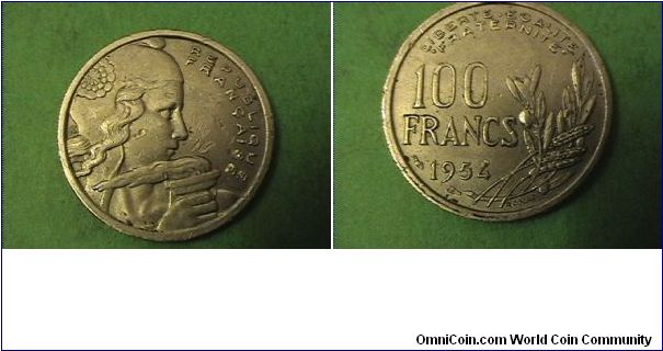 REPUBLIQUE FRANCAISE
LIBERTE EGALITE FRATERNITE
100 FRANCS
copper-nickel
nicks on coin otherwise xf.