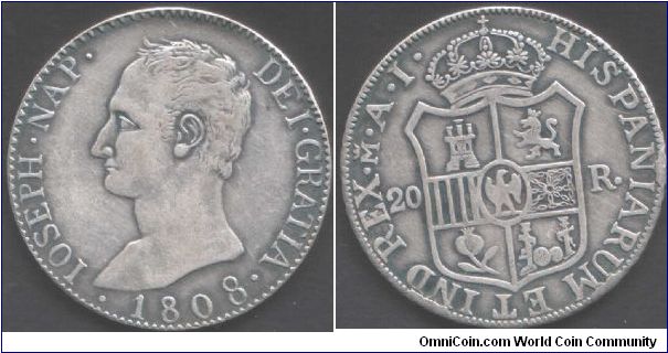 Contemporary fake Joseph Napoleon 20 Reales. The silvering is wearing thin in places (obverse). You can sharpen your detection skills by comparing it with a genuine piece I have in my collection.