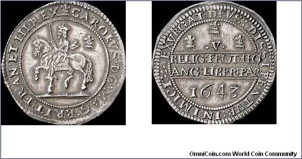 Charles I, Oxford Mint,1643 Crown V Large equestion portrait with grass on ground 
line,plume (with bands) behind. Group of four pellots on reverse. S.2947 

MORE COINS @
www.petitioncrown.com

e-mail: info@petitioncrown.com