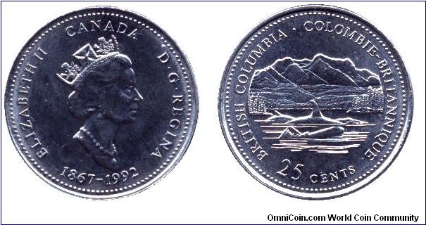 Canada, 25 cents, 1992, Ni, Queen Elizabeth II, 1867-1992, 125th Anniversary of Canada, Province British Columbia.                                                                                                                                                                                                                                                                                                                                                                                                  