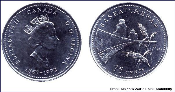 Canada, 25 cents, 1992, Ni, Queen Elizabeth II, 1867-1992, 125th Anniversary of Canada, Province Saskatchewan.                                                                                                                                                                                                                                                                                                                                                                                                      
