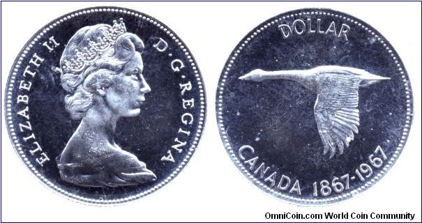 Canada, 1 dollar, 1967, Ag, Queen Elizabeth II, Common Loon, 1867-1967, 100th Anniversary of Canada.                                                                                                                                                                                                                                                                                                                                                                                                                