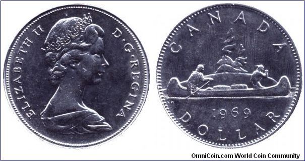Canada, 1 dollar, 1969, Ni, Queen Elizabeth II, Canadian Canoe.                                                                                                                                                                                                                                                                                                                                                                                                                                                     