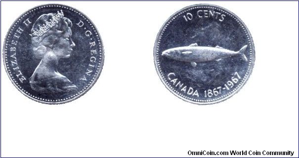 Canada, 10 cents, 1967, Ag, Queen Elizabeth II, Salmon, 1867-1967, 100th Anniversary of Canada.                                                                                                                                                                                                                                                                                                                                                                                                                     