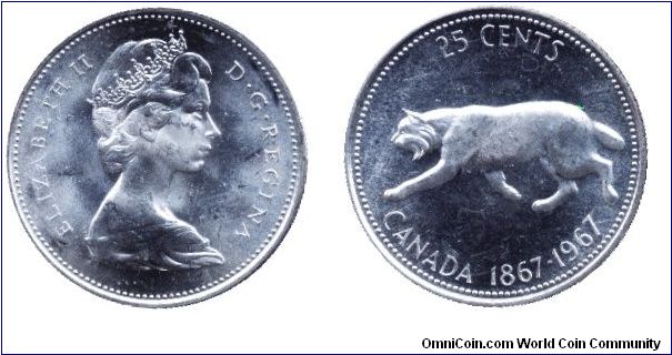 Canada, 25 cents, 1967, Ag, Queen Elizabeth II, Cougar, 1867-1967, 100th Anniversary of Canada.                                                                                                                                                                                                                                                                                                                                                                                                                     