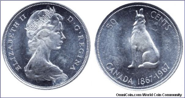 Canada, 50 cents, 1967, Ag, Queen Elizabeth II, Wolf, 1867-1967, 100th Anniversary of Canada.                                                                                                                                                                                                                                                                                                                                                                                                                       