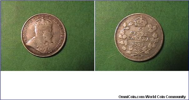 EDWARDVS VII DG REX IMPERATOR
5 CENTS CANADA
1903-H
0.9250 silver