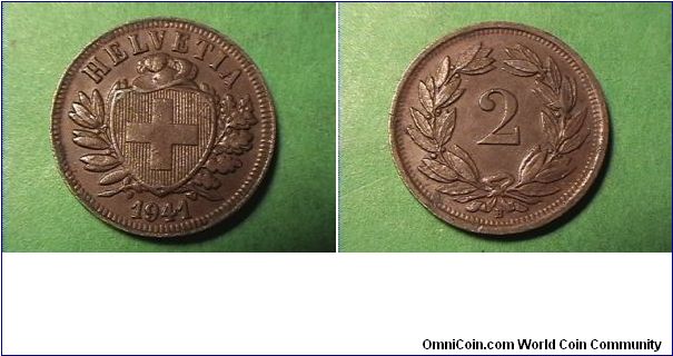 HELVETIA
2 RAPPEN
1941-B
bronze