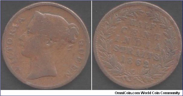 Straits settlements 1/2 cent issued by the British India Government. A pretty difficult coin to find in any grade.