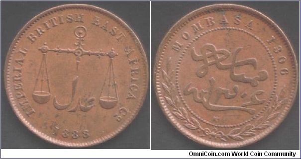Imperial British East Africa Company copper `pice' minted at Calcutta mint, India (CM monogram reverse) for Mombasa, Zanzibar. Some staining but otherwise nigh on  uncirculated.