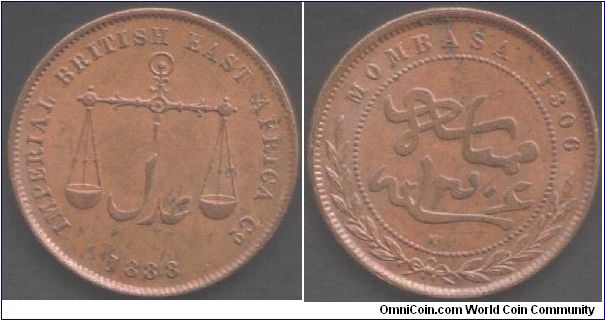 Imperial British East Africa Company copper `pice' minted at Calcutta mint, India (CM monogram reverse) for Mombasa, Zanzibar. Some staining but otherwise nigh on  uncirculated.