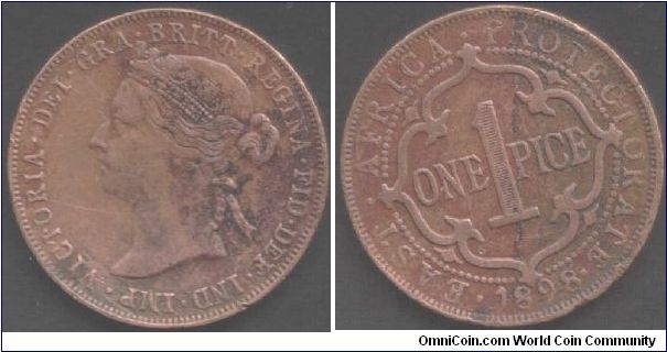 East Africa Protectorate copper 1 pice minted at London mint. Some staining on both sides but still in a collectable condition.