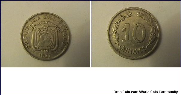 REPUBLICA DEL ECUADOR
10 CENTAVOS
1937-HF
nickel