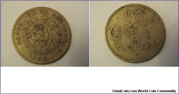 REPUBLICA DE GUATEMALA
DOS CENTAVOS DE QUETZAL
brass