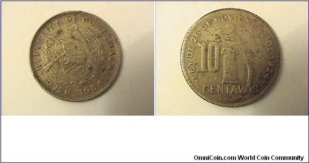 REPUBLICA DE GUATEMALA  10 CENTAVOS 0.720 
LEY DE 26 DE NOVIEMBRE DE 1924
0.720 silver
