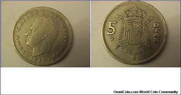 JUAN CARLOS I REY DE ESPANA
5 PESETAS
1975 (77 IN STAR)
copper-nickel