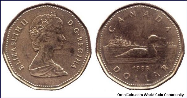 Canada, 1 dollar, 1988, Ni-Bronze, Queen Elizabeth II, Common Loon.                                                                                                                                                                                                                                                                                                                                                                                                                                                 