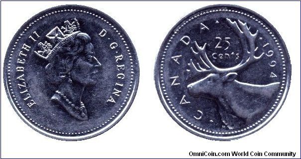 Canada, 25 cents, 1994, Ni, Queen Elizabeth II, Caribou.                                                                                                                                                                                                                                                                                                                                                                                                                                                            
