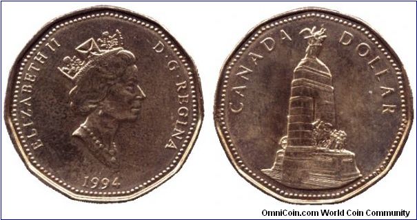 Canada, 1 dollar, 1994, Ni-Bronze, Queen Elizabeth II, WWI Memorial Monument, Ottawa.                                                                                                                                                                                                                                                                                                                                                                                                                               