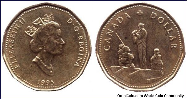 Canada, 1 dollar, 1995, Ni-Bronze, Queen Elizabeth II, Peacekeeping Memorial.                                                                                                                                                                                                                                                                                                                                                                                                                                       