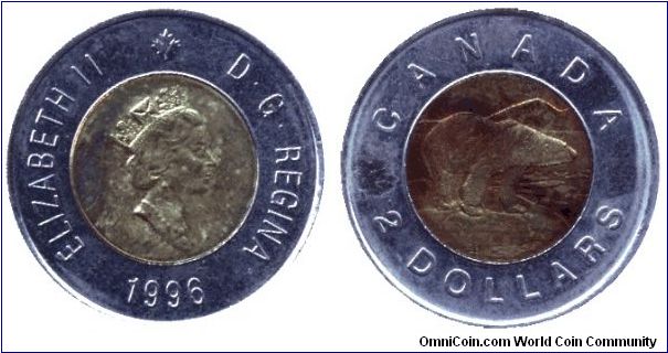 Canada, 2 dollars, 1996, Ni-Cu-Al-Ni, bi-metallic, Queen Elizabeth II, Polar Bear.                                                                                                                                                                                                                                                                                                                                                                                                                                  