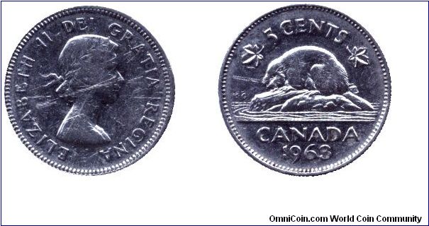 Canada, 5 cents, 1963, Ni, Queen Elizabeth II, Beaver.                                                                                                                                                                                                                                                                                                                                                                                                                                                              
